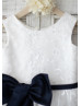 Ivory Lace Big Navy Blue Bow Knee Length Flower Girl Dress